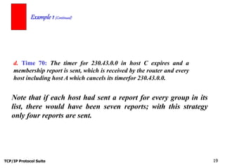 TCP/IP Protocol Suite 19
Example 1 (Continued)
d. Time 70: The timer for 230.43.0.0 in host C expires and a
membership report is sent, which is received by the router and every
host including host A which cancels its timerfor 230.43.0.0.
Note that if each host had sent a report for every group in its
list, there would have been seven reports; with this strategy
only four reports are sent.
 