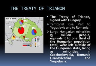 THE TREATY OF TRIANON
 The Treaty of Trianon,
signed with Hungary.
 Territorial loss: Part to
Yugoslavia and to Romania.
 Large Hungarian minorities
(3 million people,
equivalent to one third of
the Hungarian population
total) were left outside of
the Hungarian state, living
as minorities in
Czechoslovakia, Romania
(Transylvania) and
Yugoslavia.
 