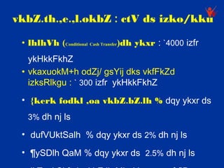 vkbZ.th.,e.,l.okbZ : ctV ds izko/kku

 • lhlhVh (Conditional Cash Transfer)dh ykxr : `4000 izfr
   ykHkkFkhZ
 • vkaxuokM+h odZj/ gsYij dks vkfFkZd
   izksRlkgu : ` 300 izfr ykHkkFkhZ
 • {kerk fodkl ,oa vkbZ.bZ.lh % dqy ykxr ds
  3% dh nj ls

 • dufVUktSalh % dqy ykxr ds 2% dh nj ls

 • ¶ySDlh QaM % dqy ykxr ds 2.5% dh nj ls
 