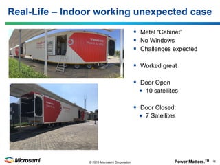 Power Matters.TM 16© 2016 Microsemi Corporation
§  Metal “Cabinet”
§  No Windows
§  Challenges expected
§  Worked great
§  Door Open
•  10 satellites
§  Door Closed:
•  7 Satellites
Real-Life – Indoor working unexpected case
 