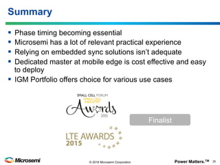 Power Matters.TM 26© 2016 Microsemi Corporation
§  Phase timing becoming essential
§  Microsemi has a lot of relevant practical experience
§  Relying on embedded sync solutions isn’t adequate
§  Dedicated master at mobile edge is cost effective and easy
to deploy
§  IGM Portfolio offers choice for various use cases
Summary
Finalist
 