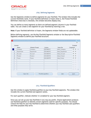 (1b). Defining Segments 10 
(1b). Defining Segments 
Use the Segments window to define segments for your flexfield. The window title includes the current flexfield's name. If your flexfield definition is frozen (that is, the Freeze Flexfield Definition check box is checked), this window becomes display-only. 
You can define as many segments as there are defined segment columns in your flexfield table. You can create a new segment for your flexfield by inserting a row. 
Note: If your flexfield definition is frozen, the Segments window fields are not updateable. 
Before defining segments, use the Key Flexfield Segments window or the Descriptive Flexfield Segments window to define your flexfield structure. 
(1c). Flexfield Qualifiers 
Use this window to apply flexfield qualifiers to your key flexfield segments. The window title includes the current flexfield and segment names. 
For each qualifier, indicate whether it is enabled for your key flexfield segment. 
Since you can set up your key flexfields in any way you prefer, Oracle Applications products use flexfield qualifiers to identify certain segments used for specific purposes. You should consult the help for your key flexfield to determine whether your key flexfield uses qualifiers and what purposes they serve.  