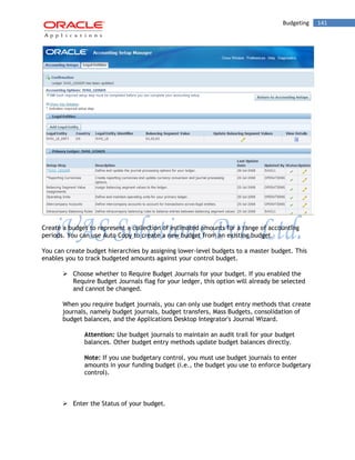 Budgeting 141 
Create a budget to represent a collection of estimated amounts for a range of accounting periods. You can use Auto Copy to create a new budget from an existing budget. 
You can create budget hierarchies by assigning lower-level budgets to a master budget. This enables you to track budgeted amounts against your control budget. 
 Choose whether to Require Budget Journals for your budget. If you enabled the Require Budget Journals flag for your ledger, this option will already be selected and cannot be changed. 
When you require budget journals, you can only use budget entry methods that create journals, namely budget journals, budget transfers, Mass Budgets, consolidation of budget balances, and the Applications Desktop Integrator's Journal Wizard. 
Attention: Use budget journals to maintain an audit trail for your budget balances. Other budget entry methods update budget balances directly. 
Note: If you use budgetary control, you must use budget journals to enter amounts in your funding budget (i.e., the budget you use to enforce budgetary control). 
 Enter the Status of your budget.  