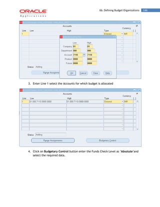 6b. Defining Budget Organizations 146 
3. Enter Line 1 select the Accounts for which budget is allocated 
4. Click on Budgetary Control button enter the Funds Check Level as „Absolute„and select the required data.  