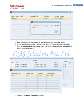 6b. Defining Budget Organizations 147 
5. Save then a Concurrent request ID is generated and press on OK button 
6. In the same way enter Line 2 select the Accounts for which budget is allocated 
7. Click on Budgetary Control button enter the Funds Check Level as „Advisory„and select the required data. 
8. Now click on Range Assingment button  