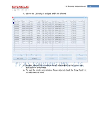 6c. Entering Budget Journals 156 
n. Select the Category as „Budget‟ and Click on Find 
o. Budget Journals for 12 months entries is generated by the system and Batch Status is Unposted 
p. To post the entries once click on Review Journal check the Entry if entry is correct Post the Batch  
