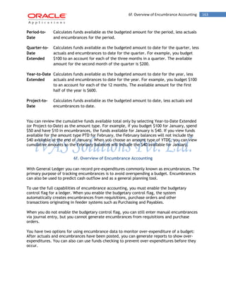 6f. Overview of Encumbrance Accounting 163 
Period-to- Date 
Calculates funds available as the budgeted amount for the period, less actuals and encumbrances for the period. 
Quarter-to- Date Extended 
Calculates funds available as the budgeted amount to date for the quarter, less actuals and encumbrances to date for the quarter. For example, you budget $100 to an account for each of the three months in a quarter. The available amount for the second month of the quarter is $200. 
Year-to-Date Extended 
Calculates funds available as the budgeted amount to date for the year, less actuals and encumbrances to date for the year. For example, you budget $100 to an account for each of the 12 months. The available amount for the first half of the year is $600. 
Project-to- Date 
Calculates funds available as the budgeted amount to date, less actuals and encumbrances to date. 
You can review the cumulative funds available total only by selecting Year-to-Date Extended (or Project-to-Date) as the amount type. For example, if you budget $100 for January, spend $50 and have $10 in encumbrances, the funds available for January is $40. If you view funds available for the amount type PTD for February, the February balances will not include the $40 available at the end of January. When you choose an amount type of YTDE, you can view cumulative amounts so the February balances will include the $40 available for January. 
6f. Overview of Encumbrance Accounting 
With General Ledger you can record pre-expenditures commonly known as encumbrances. The primary purpose of tracking encumbrances is to avoid overspending a budget. Encumbrances can also be used to predict cash outflow and as a general planning tool. 
To use the full capabilities of encumbrance accounting, you must enable the budgetary control flag for a ledger. When you enable the budgetary control flag, the system automatically creates encumbrances from requisitions, purchase orders and other transactions originating in feeder systems such as Purchasing and Payables. 
When you do not enable the budgetary control flag, you can still enter manual encumbrances via journal entry, but you cannot generate encumbrances from requisitions and purchase orders. 
You have two options for using encumbrance data to monitor over-expenditure of a budget: After actuals and encumbrances have been posted, you can generate reports to show over- expenditures. You can also can use funds checking to prevent over-expenditures before they occur.  