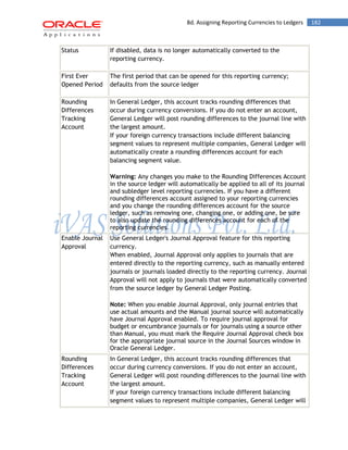 8d. Assigning Reporting Currencies to Ledgers 182 
Status 
If disabled, data is no longer automatically converted to the reporting currency. 
First Ever Opened Period 
The first period that can be opened for this reporting currency; defaults from the source ledger 
Rounding Differences Tracking Account 
In General Ledger, this account tracks rounding differences that occur during currency conversions. If you do not enter an account, General Ledger will post rounding differences to the journal line with the largest amount. If your foreign currency transactions include different balancing segment values to represent multiple companies, General Ledger will automatically create a rounding differences account for each balancing segment value. 
Warning: Any changes you make to the Rounding Differences Account in the source ledger will automatically be applied to all of its journal and subledger level reporting currencies. If you have a different rounding differences account assigned to your reporting currencies and you change the rounding differences account for the source ledger, such as removing one, changing one, or adding one, be sure to also update the rounding differences account for each of the reporting currencies. 
Enable Journal Approval 
Use General Ledger's Journal Approval feature for this reporting currency. When enabled, Journal Approval only applies to journals that are entered directly to the reporting currency, such as manually entered journals or journals loaded directly to the reporting currency. Journal Approval will not apply to journals that were automatically converted from the source ledger by General Ledger Posting. 
Note: When you enable Journal Approval, only journal entries that use actual amounts and the Manual journal source will automatically have Journal Approval enabled. To require journal approval for budget or encumbrance journals or for journals using a source other than Manual, you must mark the Require Journal Approval check box for the appropriate journal source in the Journal Sources window in Oracle General Ledger. 
Rounding Differences Tracking Account 
In General Ledger, this account tracks rounding differences that occur during currency conversions. If you do not enter an account, General Ledger will post rounding differences to the journal line with the largest amount. If your foreign currency transactions include different balancing segment values to represent multiple companies, General Ledger will  