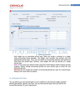 Defining Calendars 20 
2. Defining Calendars 
Each ledger has an associated period type. When you assign a calendar to a ledger using Accounting Setup Manager, the ledger only accesses the periods with the appropriate period type. Thus, you can define an accounting calendar with periods of more than one period type; however, each ledger will only use periods of a single period type. 
Note: If you close your balance sheet using the Create Balance Sheet Closing Journals program, define enough accounting periods for your period type to allow for two adjusting periods. 
Warning: Do not change the number of accounting periods per year for a period type. Doing so will cause data corruption. 
2a. Defining Period Types 
You can define your own period types to use in addition to the General Ledger standard period types Month, Quarter and Year. You use these period types when you define the accounting calendar for your organization. 
 