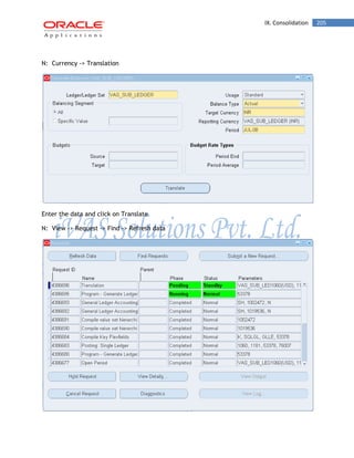 IX. Consolidation 205 
N: Currency -> Translation 
Enter the data and click on Translate 
N: View -> Request -> Find -> Refresh data 
 