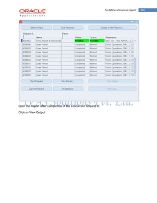 To define a financial report: 246 
Open the Report after Completion of the concurrent Request ID 
Click on View Output  