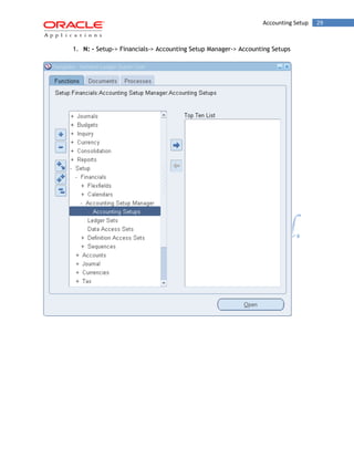 Accounting Setup 29 
1. N: - Setup-> Financials-> Accounting Setup Manager-> Accounting Setups 
 