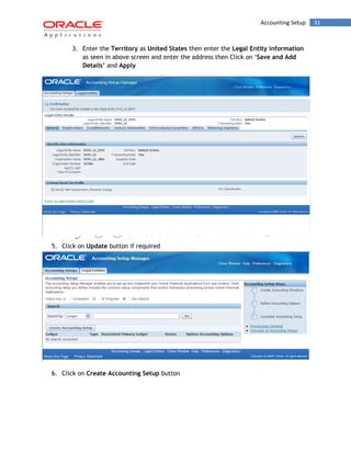 Accounting Setup 31 
3. Enter the Territory as United States then enter the Legal Entity information as seen in above screen and enter the address then Click on „Save and Add Details‟ and Apply 
5. Click on Update button if required 
6. Click on Create Accounting Setup button  