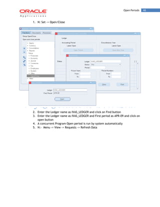 Open Periods 46 
1. N: Set -> Open/Close 
2. Enter the Ledger name as IVAS_LEDGER and click on Find button 
3. Enter the Ledger name as IVAS_LEDGER and First period as APR-09 and click on open button 
4. A concurrent Program Open period is run by system automatically 
5. N:- Menu -> View -> Requests -> Refresh Data  