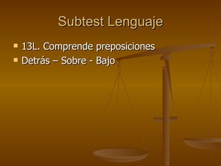 Subtest Lenguaje 13L. Comprende preposiciones Detrás – Sobre - Bajo 