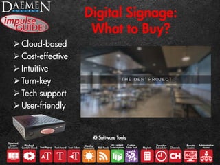 Digital Signage:
What to Buy?
 Cloud-based
 Cost-effective
 Intuitive
 Turn-key
 Tech support
 User-friendly
 