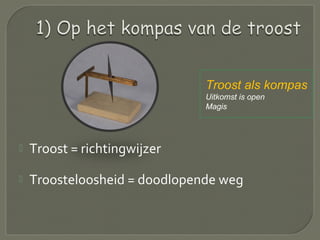  Troost = richtingwijzer
 Troosteloosheid = doodlopende weg
Troost als kompas
Uitkomst is open
Magis
 