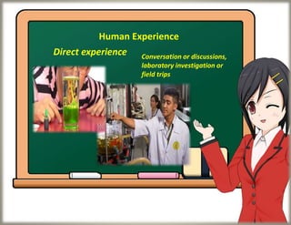 Human Experience
Direct experience Conversation or discussions,
laboratory investigation or
field trips
 
