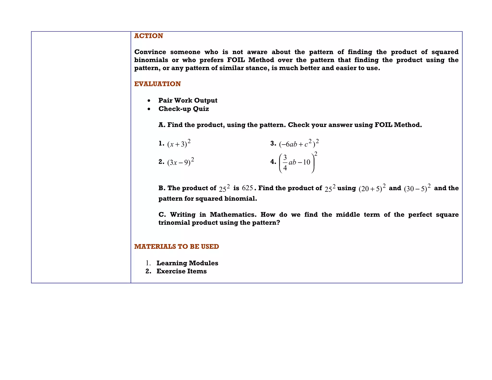 Ignatian pedagogical paradigm lesson plan on special products and ...