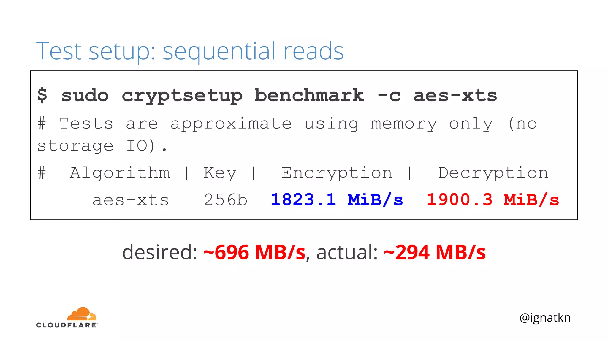 @ignatkn
Test setup: sequential reads
$ sudo cryptsetup benchmark -c aes-xts
# Tests are approximate using memory only (no
storage IO).
# Algorithm | Key | Encryption | Decryption
aes-xts 256b 1823.1 MiB/s 1900.3 MiB/s
desired: ~696 MB/s, actual: ~294 MB/s
 