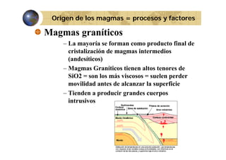 Origen de los magmas = procesos y factores

Magmas graníticos
– La mayoría se forman como producto final de
cristalización de magmas intermedios
(
(andesíticos)
)
– Magmas Graníticos tienen altos tenores de
SiO2 = son los más viscosos = suelen perder
movilidad antes de alcanzar la superficie
– Tienden a producir grandes cuerpos
intrusivos

 
