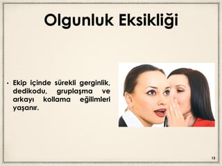 Olgunluk Eksikliği
• Ekip içinde sürekli gerginlik,
dedikodu, gruplaşma ve
arkayı kollama eğilimleri
yaşanır.
13
 