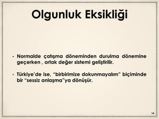 Olgunluk Eksikliği
• Normalde çatışma döneminden durulma dönemine
geçerken , ortak değer sistemi geliştirilir.
• Türkiye’de ise, “birbirimize dokunmayalım” biçiminde
bir “sessiz anlaşma”ya dönüşür.
14
 