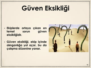 Güven Eksikliği
• Ekiplerde ortaya çıkan en
temel sorun güven
eksikliğidir.
• Güven eksikliği, ekip içinde
alınganlığa yol açar, bu da
çalışma düzenine yansır.
16
 