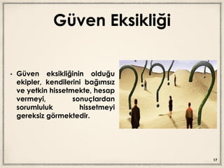 Güven Eksikliği
• Güven eksikliğinin olduğu
ekipler, kendilerini bağımsız
ve yetkin hissetmekte, hesap
vermeyi, sonuçlardan
sorumluluk hissetmeyi
gereksiz görmektedir.
17
 