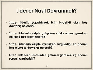 Liderler Nasıl Davranmalı?
• Sizce, liderlik yapabilmek için öncelikli olan beş
davranış nelerdir?
• Sizce, liderlerin ekiple çalışırken sahip olması gereken
en kritik beceriler nelerdir?
• Sizce, liderlerin ekiple çalışırken sergilediği en önemli
beş olumsuz davranış nelerdir?
• Sizce, liderlerin üstesinden gelmesi gereken üç önemli
sorun hangileridir?
28
 