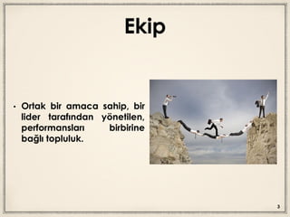 Ekip
• Ortak bir amaca sahip, bir
lider tarafından yönetilen,
performansları birbirine
bağlı topluluk.
3
 