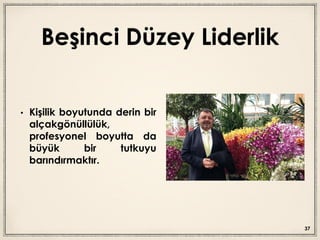 Beşinci Düzey Liderlik
• Kişilik boyutunda derin bir
alçakgönüllülük,
profesyonel boyutta da
büyük bir tutkuyu
barındırmaktır.
37
 