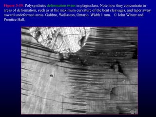Figure 3-19. Polysynthetic deformation twins in plagioclase. Note how they concentrate in
areas of deformation, such as at the maximum curvature of the bent cleavages, and taper away
toward undeformed areas. Gabbro, Wollaston, Ontario. Width 1 mm. © John Winter and
Prentice Hall.
 