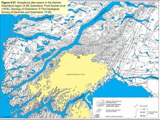 Figure 4-21. Kangâmiut dike swarm in the Søndre
Strømfjord region of SE Greenland. From Escher et al.
(1976), Geology of Greenland, © The Geological
Survey of Denmark and Greenland. 77-95.
 