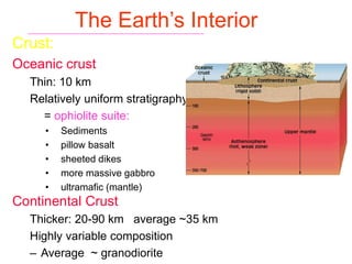 The Earth’s Interior
Crust:
Oceanic crust
Thin: 10 km
Relatively uniform stratigraphy
= ophiolite suite:
• Sediments
• pillow basalt
• sheeted dikes
• more massive gabbro
• ultramafic (mantle)
Continental Crust
Thicker: 20-90 km average ~35 km
Highly variable composition
– Average ~ granodiorite
 