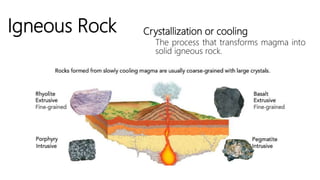 Igneous Rock Crystallization or cooling
The process that transforms magma into
solid igneous rock.
 