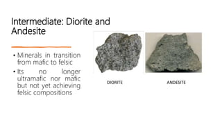 Intermediate: Diorite and
Andesite
• Minerals in transition
from mafic to felsic
• Its no longer
ultramafic nor mafic
but not yet achieving
felsic compositions
 