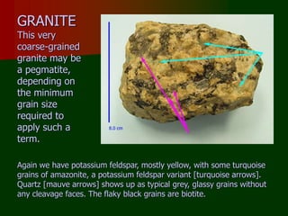 GRANITE
This very
coarse-grained
granite may be
a pegmatite,
depending on
the minimum
grain size
required to
apply such a
term.
Again we have potassium feldspar, mostly yellow, with some turquoise
grains of amazonite, a potassium feldspar variant [turquoise arrows].
Quartz [mauve arrows] shows up as typical grey, glassy grains without
any cleavage faces. The flaky black grains are biotite.
 
