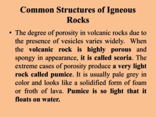 Common Structures of Igneous
Rocks
• The degree of porosity in volcanic rocks due to
the presence of vesicles varies widely. When
the volcanic rock is highly porous and
spongy in appearance, it is called scoria. The
extreme cases of porosity produce a very light
rock called pumice. It is usually pale grey in
color and looks like a solidified form of foam
or froth of lava. Pumice is so light that it
floats on water.

 