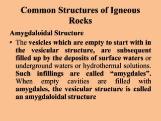 Common Structures of Igneous
Rocks
Amygdaloidal Structure
• The vesicles which are empty to start with in
the vesicular structure, are subsequent
filled up by the deposits of surface waters or
underground waters or hydrothermal solutions.
Such infillings are called “amygdales”.
When empty cavities are filled with
amygdales, the vesicular structure is called
an amygdaloidal structure

 