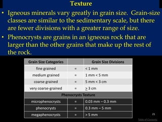 Texture
• Igneous minerals vary greatly in grain size. Grain-size
classes are similar to the sedimentary scale, but there
are fewer divisions with a greater range of size.
• Phenocrysts are grains in an igneous rock that are
larger than the other grains that make up the rest of
the rock.
Grain Size Categories Grain Size Divisions
fine grained = < 1 mm
medium grained = 1 mm < 5 mm
coarse grained = 5 mm < 3 cm
very coarse-grained = > 3 cm
Phenocrysts Texture
microphenocrysts = 0.03 mm – 0.3 mm
phenocrysts = 0.3 mm – 5 mm
megaphenocrysts = > 5 mm 21
Table of Contents
 
