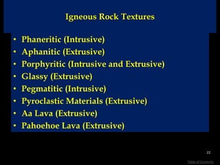 Igneous Rock Textures
• Phaneritic (Intrusive)
• Aphanitic (Extrusive)
• Porphyritic (Intrusive and Extrusive)
• Glassy (Extrusive)
• Pegmatitic (Intrusive)
• Pyroclastic Materials (Extrusive)
• Aa Lava (Extrusive)
• Pahoehoe Lava (Extrusive)
22
Table of Contents
 