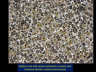 Gabbro rock with olivine (yellowish crystals) and
Pyroxene (darker crystals) phenocrysts
 