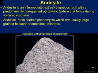 Andesite
– Andesite is an intermediate, extrusive igneous rock with a
predominantly fine-grained porphyritic texture that forms during
volcanic eruptions.
– Andesite main contain phenocrysts which are usually large-
grained feldspar or amphibole minerals.
Copyright © Dr. Richard Busch
Andesite with amphibole phenocrysts
63
Table of Contents
 