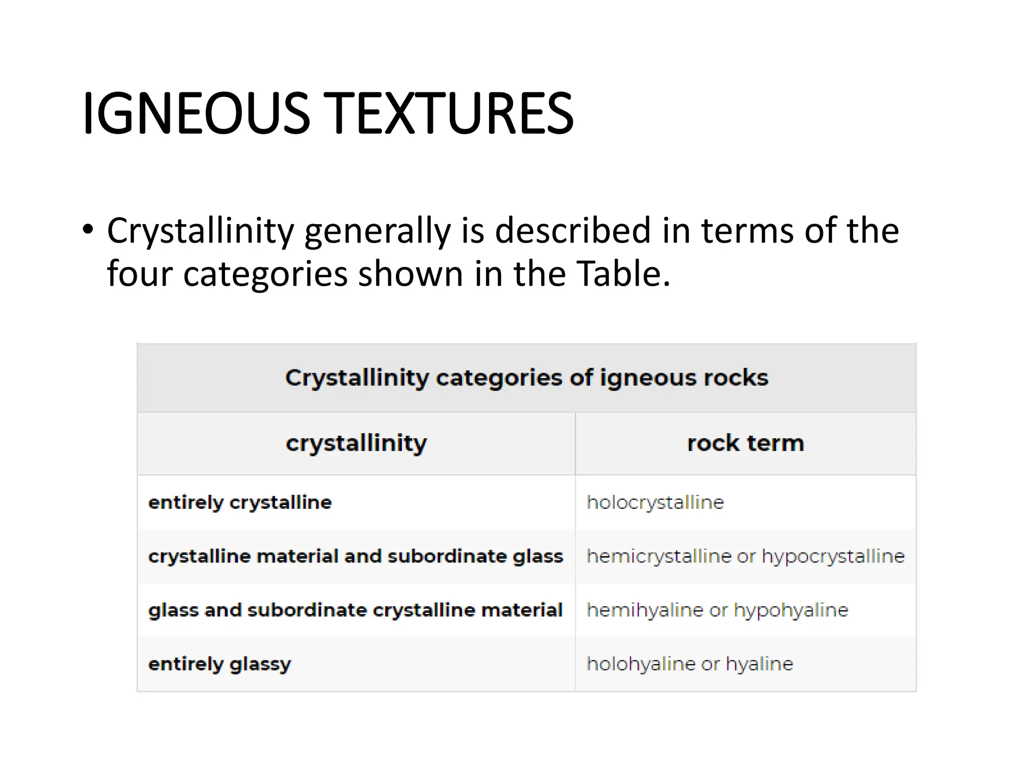 IGNEOUS TEXTURES
• Crystallinity generally is described in terms of the
four categories shown in the Table.
 