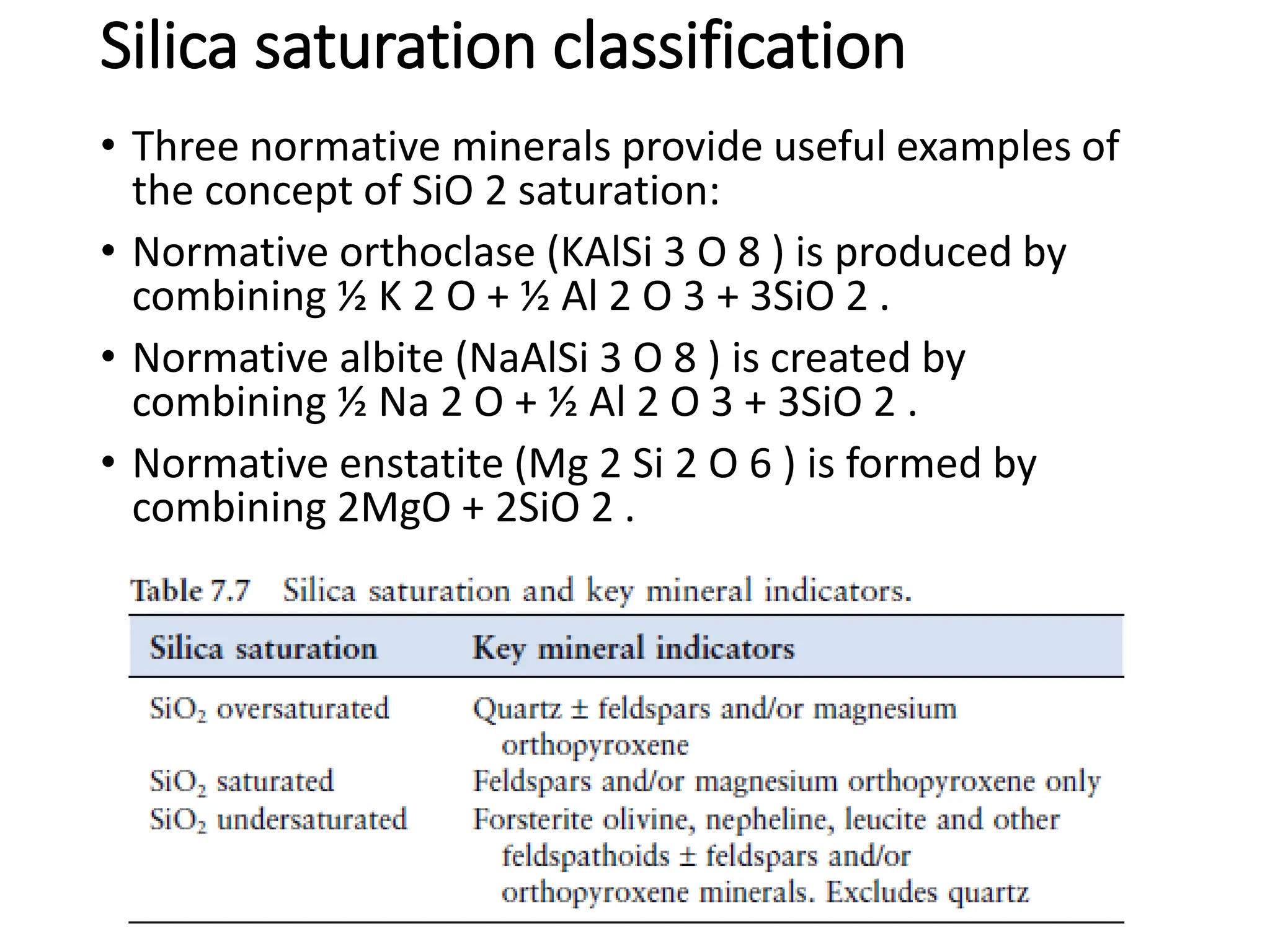 Silica saturation classification
• Three normative minerals provide useful examples of
the concept of SiO 2 saturation:
• Normative orthoclase (KAlSi 3 O 8 ) is produced by
combining ½ K 2 O + ½ Al 2 O 3 + 3SiO 2 .
• Normative albite (NaAlSi 3 O 8 ) is created by
combining ½ Na 2 O + ½ Al 2 O 3 + 3SiO 2 .
• Normative enstatite (Mg 2 Si 2 O 6 ) is formed by
combining 2MgO + 2SiO 2 .
 