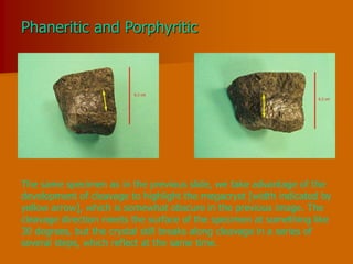 Phaneritic and Porphyritic
The same specimen as in the previous slide, we take advantage of the
development of cleavage to highlight the megacryst [width indicated by
yellow arrow], which is somewhat obscure in the previous image. The
cleavage direction meets the surface of the specimen at something like
30 degrees, but the crystal still breaks along cleavage in a series of
several steps, which reflect at the same time.
 