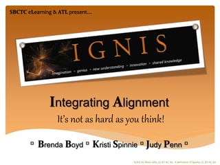 IGNIS by Alissa Sells, CC BY NC SA. A derivative of Sparks, CC BY NC SA.
SBCTC eLearning & ATL present…
Integrating Alignment
It’s not as hard as you think!
▫ Brenda Boyd ▫ Kristi Spinnie ▫ Judy Penn ▫
 