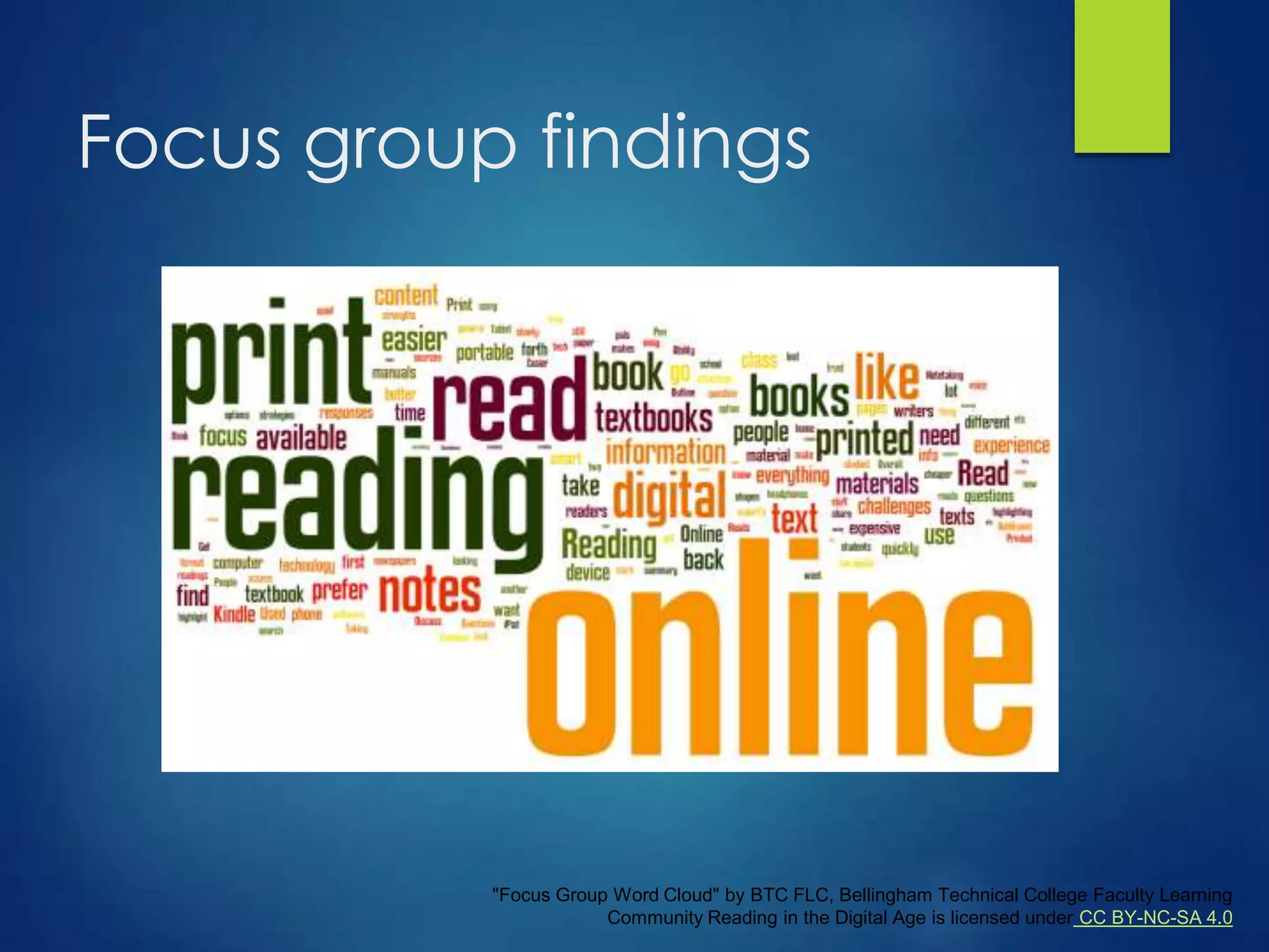 Focus group findings
"Focus Group Word Cloud" by BTC FLC, Bellingham Technical College Faculty Learning
Community Reading in the Digital Age is licensed under CC BY-NC-SA 4.0
 