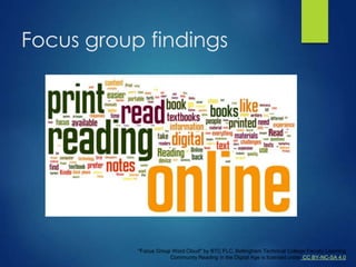 Focus group findings
"Focus Group Word Cloud" by BTC FLC, Bellingham Technical College Faculty Learning
Community Reading in the Digital Age is licensed under CC BY-NC-SA 4.0
 